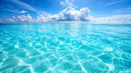Fototapeta premium Crystal clear turquoise ocean water with dazzling sunlight reflections under a dramatic sky with fluffy white clouds
