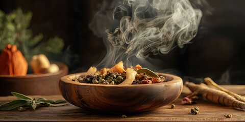 A wooden bowl filled with a mixture of spices and herbs, emitting a smoky aroma, placed on a wooden table with a dark background.