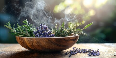 A wooden bowl containing lavender and rosemary herbs, with steam rising from them, placed on a wooden table with a blurred green background.