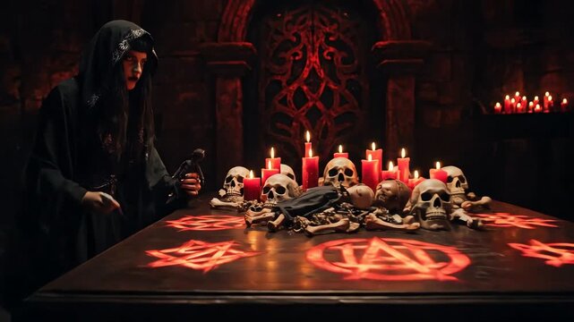 A cloaked enchanter performs a dark, arcane ritual, focusing intently on a voodoo doll amidst flickering candlelight, ancient symbols, and scattered skulls in a mystical, shadowy chamber