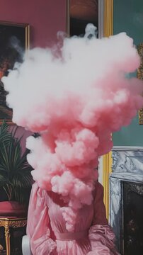 Ethereal Woman in Pink Dress with Smoke Halo