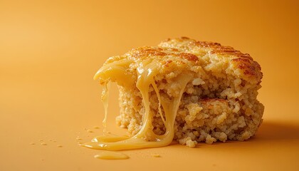 Golden, melted cheese dripping over a savory, baked rice dish, perfect for culinary projects and food photography