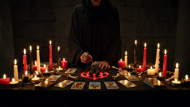 Mysterious sorceress performing an occult ritual with a voodoo doll, tarot cards, and burning candles in a dark chamber