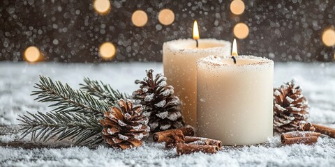 Two lit candles with pine cones and cinnamon sticks on a snowy surface, with a blurred background of lights and snowflakes.