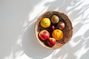 Handwoven basket with organic fruits, flat lay on clean white surface, minimal mockup style, indigenous craft concept.