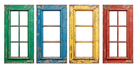 Four rustic vintage wooden windows in green, blue, yellow, and red with chipped paint on transparent background
Colorful shabby chic wooden window frames, weathered and aged in a row on isol