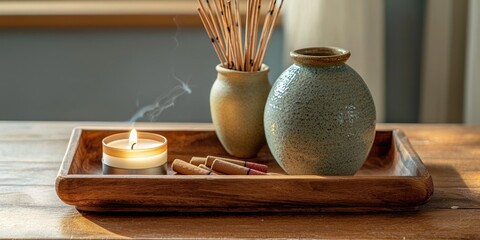 A wooden tray with a lit candle and a vase of incense sticks on a wooden table in a dimly lit room with a window in the background.