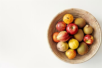 Handwoven basket with organic fruits, flat lay on clean white surface, minimal mockup style, indigenous craft concept.
