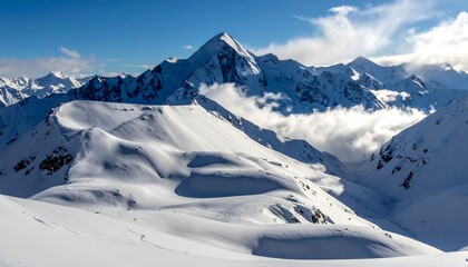 Snowy mountain peaks and valleys under a clear sky