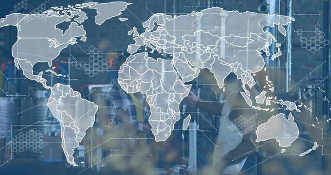 World map overlay fading in over cafe counter with data nodes guiding baristas preparing espresso