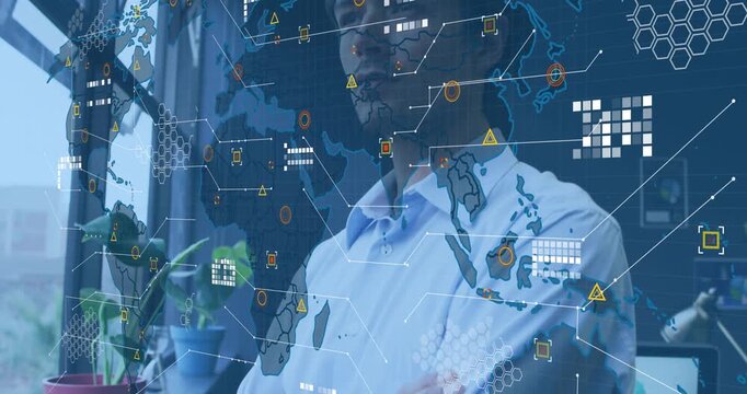 Office worker standing by window, world map overlay appearing, data icons intensifying for analysis
