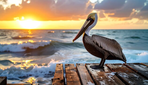 A brown pelican stands on a weathered wooden dock at sunrise, overlooking the ocean waves.