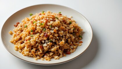 Delicious, healthy cauliflower rice dish on a white plate, perfect for a light lunch or dinner, culinary concept