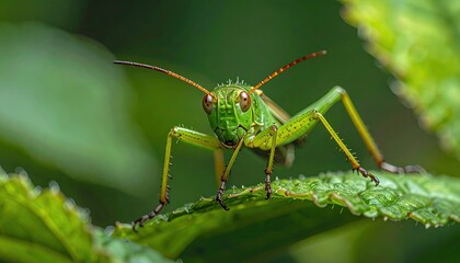 Detailed Close Up of Green Grasshopper on Leaf with Pronounced Antennae and Spotted Texture in Natural Sunlight