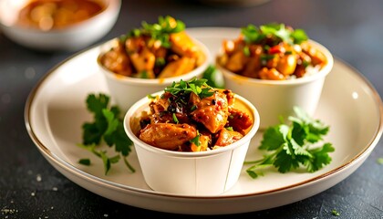 Spicy chicken in small cups, garnished with herbs