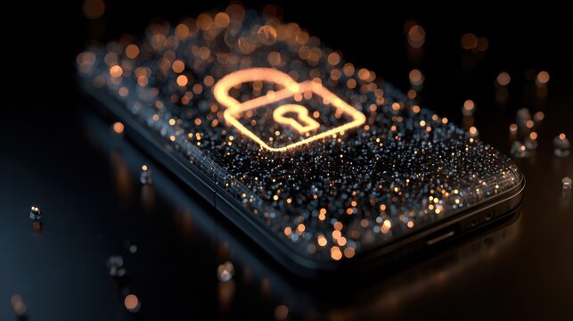 Glowing padlock icon on a smartphone screen symbolizing mobile phone encryption and digital security technology