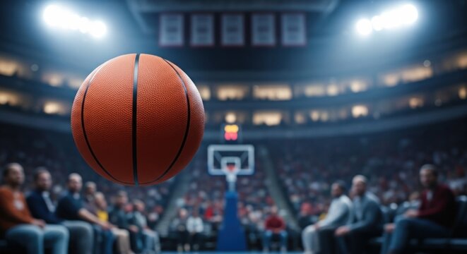 Close-up of a vibrant basketball floating in mid- against a blurred professional arena backdrop with bright spotlights and a lively crowd.