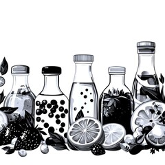 fruit-infused beverages featuring bottles and fresh fruits on a background