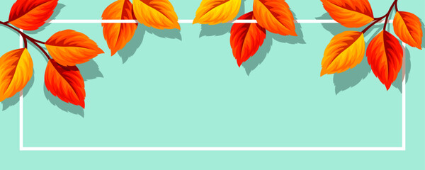 Autumn banner with red and orange fall leaves on a blue background. Vector autumn banner or header design