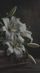 Elegant white lilies arranged in a rustic wooden vase set against a dark textured background - Low Contrast