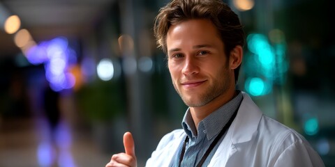Healthcare professional giving thumbs up in a modern hospital during evening hours with decorative lights in the background