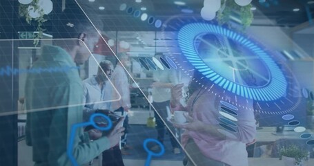 Coworkers scrolling smartphone and sipping coffee initiating AR tech demo merging data nodes - Powered by Adobe