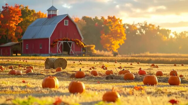 Autumnal farm scene with red barn and pumpkin field at sunset