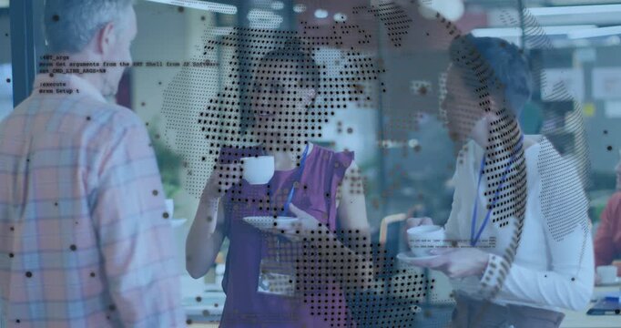 Intern lifting coffee cup initiating dotted world map and code fragments over glass for tech break