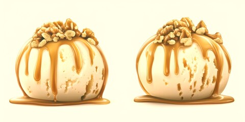 Delicious dessert with caramel sauce and walnuts served on a background