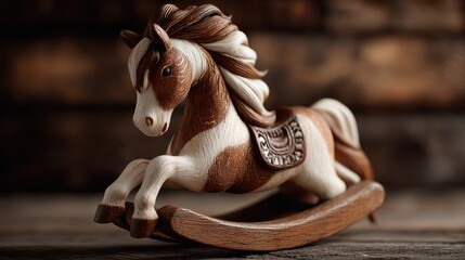 Wooden rocking horse captures nostalgia in a rustic setting with warm lighting and intricate craftsmanship
