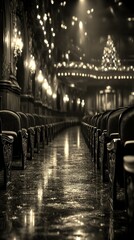 Elegant theater interior showcases empty velvet seats with beautiful lighting and festive decorations during evening hours