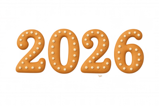Gingerbread cookie numbers forming 2026, celebrating new year and christmas holidays, transparent background - Powered by Adobe