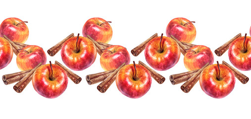Watercolor seamless border with fruit apple and cinnamon on white background. Fragrance condiment for cooking dessert. Christmas rim with food. Kitchen cookbook and sticker. Wallpaper or wrapping