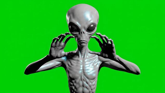 3D render alien raising one hand slowly in communication gesture, green screen background, seamless loop.