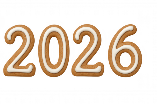 Gingerbread cookies forming number 2026, wishing happy new year and celebrating holidays, transparent background