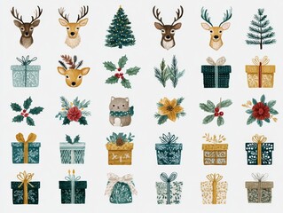 watercolor christmas clipart: deer, gift boxes, christmas tree, holly, cat, floral elements, holiday theme