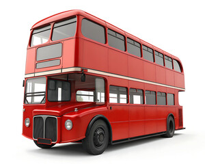 A red double decker bus isolated on a white background with windows and black tires in a studio shot