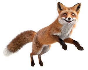 Obraz premium A red fox leaping with a bushy tail and white chest fur isolated on a plain white background view
