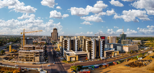 aerial view Gaborone CBD central, city skyline at sunset, bustling central business district