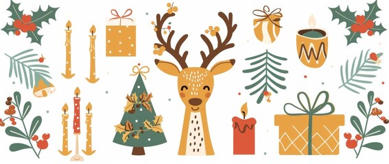festive christmas illustration: cartoon deer, gifts, candles, holly, & christmas tree on white background (109)