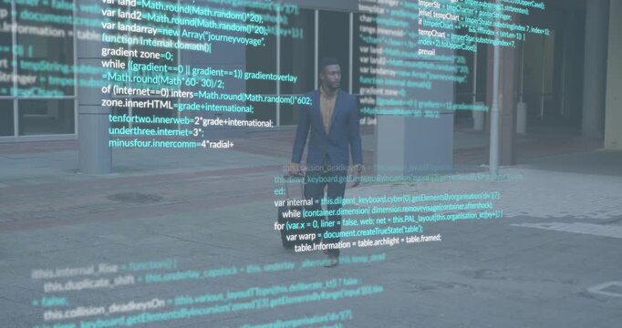 Male traveler walking plaza pulling suitcase, near camera activating tech code overlay scrolling