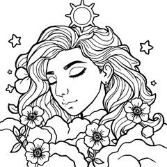Minimilist illustration of a woman with closed eyes surrounded by flowers clouds and stars in black and white outline vector