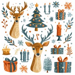 christmas deer and holiday decor: gifts, candles, christmas tree, snowflakes, and berries festive illustration