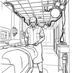 Minimilist illustration of a doctor in a hospital room with medical equipment and a patient bed, black and white style vector