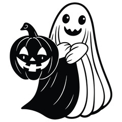 cute ghost hugging pumpkin cartoon clipart on whit.eps