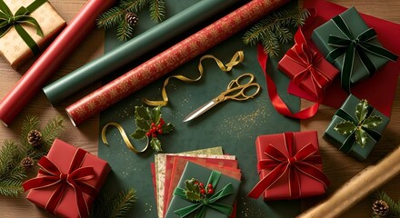 Festive Gift Wrapping Scene with Red and Green Presents and Gold