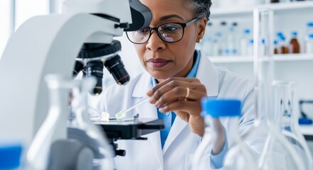 A senior African woman with glasses examines a sample under a microscope in a laboratory filled with glassware and scientific equipment.
