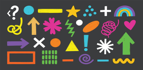 Obraz premium Colorful abstract doodle elements and fun geometric shapes. A collection of hand-drawn icons like arrows, hearts, and stars for creative design projects