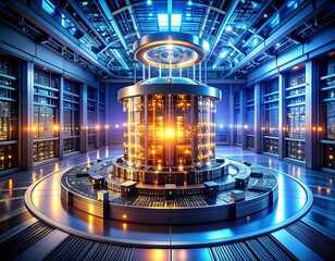 Futuristic server room with central unit