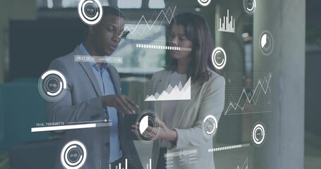 Business team holding tablet and initiating cycling holographic charts for data analysis - Powered by Adobe